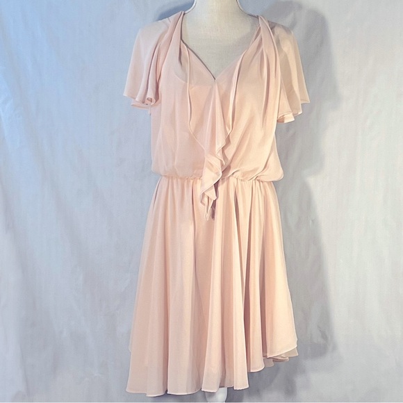 Sugarlips Pink Chiffon V Neck Ruffle Asymmetrical Hem Short Sleeves Dress M - Picture 1 of 8